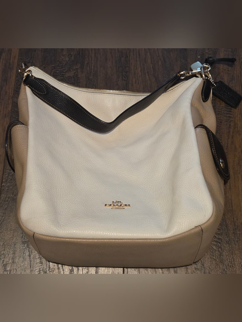 Coach Pebbled Leather Hobo Bag - Cream, Tan & Black